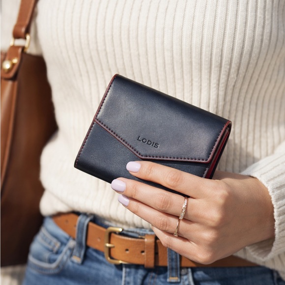 Lodis Handbags - Lodis Genuine Leather Compact Trifold Wallet Black Red Designer Card Coin Purse
